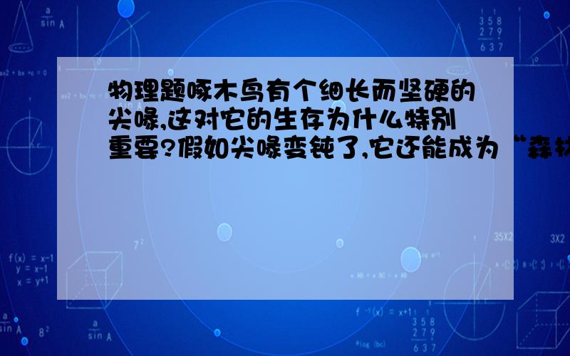 物理题啄木鸟有个细长而坚硬的尖喙,这对它的生存为什么特别重要?假如尖喙变钝了,它还能成为“森林医生