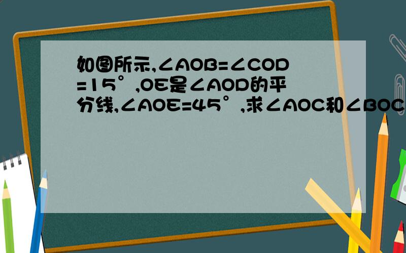 如图所示,∠AOB=∠COD=15°,OE是∠AOD的平分线,∠AOE=45°,求∠AOC和∠BOC的度数