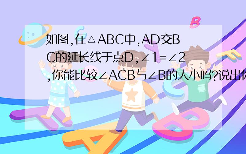 如图,在△ABC中,AD交BC的延长线于点D,∠1=∠2,你能比较∠ACB与∠B的大小吗?说出你的理由,图进来看…