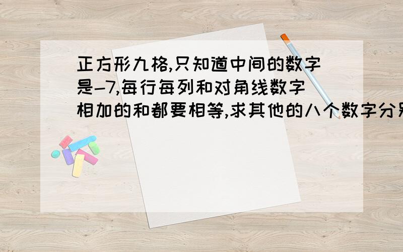 正方形九格,只知道中间的数字是-7,每行每列和对角线数字相加的和都要相等,求其他的八个数字分别是多少