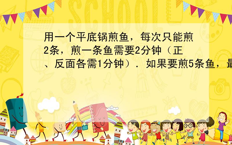 用一个平底锅煎鱼，每次只能煎2条，煎一条鱼需要2分钟（正、反面各需1分钟）．如果要煎5条鱼，最少需要______分钟．