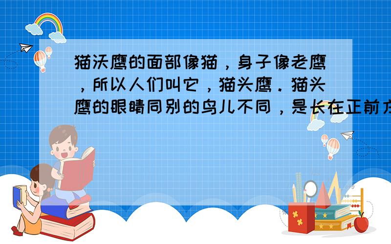 猫沃鹰的面部像猫，身子像老鹰，所以人们叫它，猫头鹰。猫头鹰的眼睛同别的鸟儿不同，是长在正前方的。白天，它常常站在树枝上闭