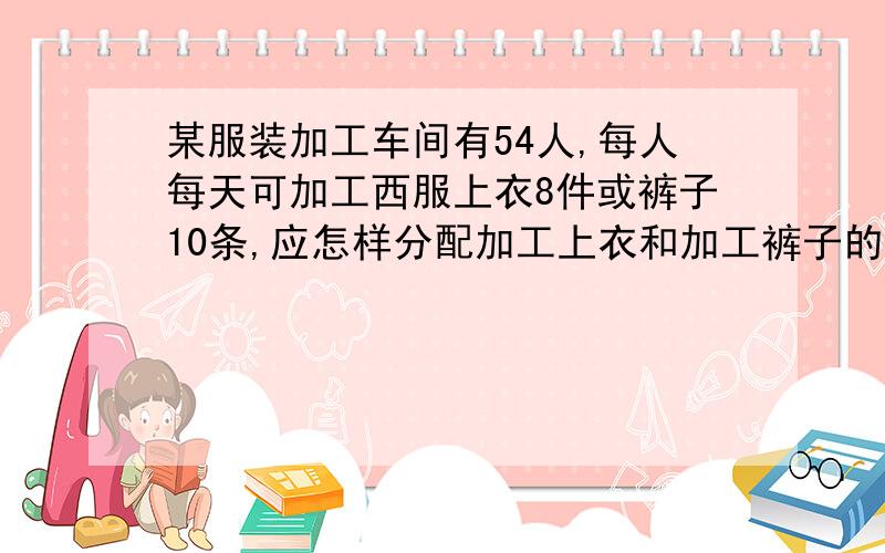 某服装加工车间有54人,每人每天可加工西服上衣8件或裤子10条,应怎样分配加工上衣和加工裤子的人数,才能使