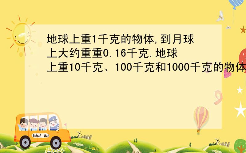 地球上重1千克的物体,到月球上大约重重0.16千克.地球上重10千克、100千克和1000千克的物体,到月球上大约各重多