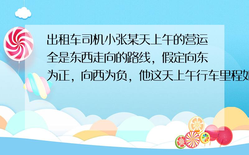 出租车司机小张某天上午的营运全是东西走向的路线，假定向东为正，向西为负，他这天上午行车里程如下：（单位：km）+12，-