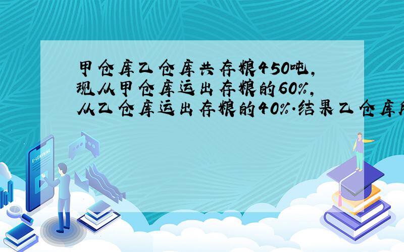 甲仓库乙仓库共存粮450吨，现从甲仓库运出存粮的60%，从乙仓库运出存粮的40%.结果乙仓库所余的粮食比甲仓库所余的粮食