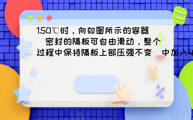 150℃时，向如图所示的容器（密封的隔板可自由滑动，整个过程中保持隔板上部压强不变）中加入4L N2和H2的混