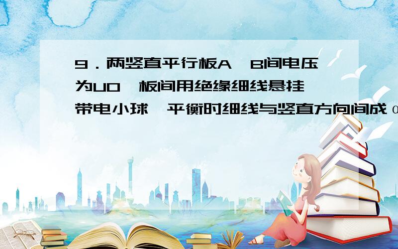 9．两竖直平行板A、B间电压为U0,板间用绝缘细线悬挂一带电小球,平衡时细线与竖直方向间成α角．现使A、B两板分别绕通过