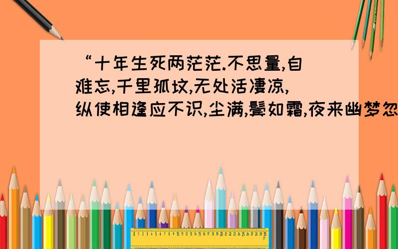 “十年生死两茫茫.不思量,自难忘,千里孤坟,无处活凄凉,纵使相逢应不识,尘满,鬓如霜,夜来幽梦忽还乡,小轩