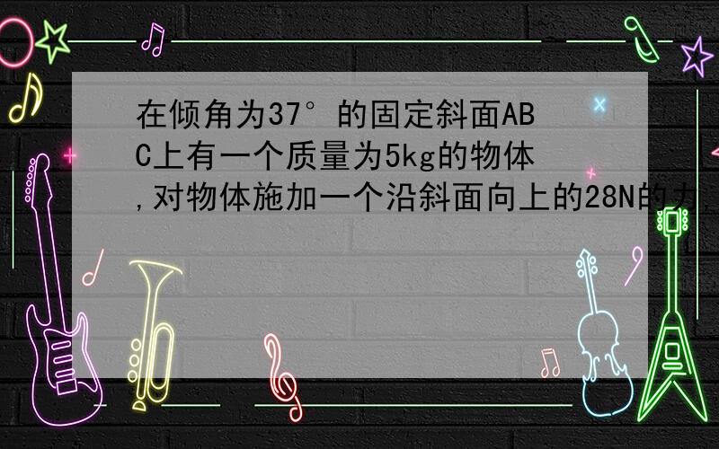 在倾角为37°的固定斜面ABC上有一个质量为5kg的物体,对物体施加一个沿斜面向上的28N的力,恰好可以使物体沿斜面向下