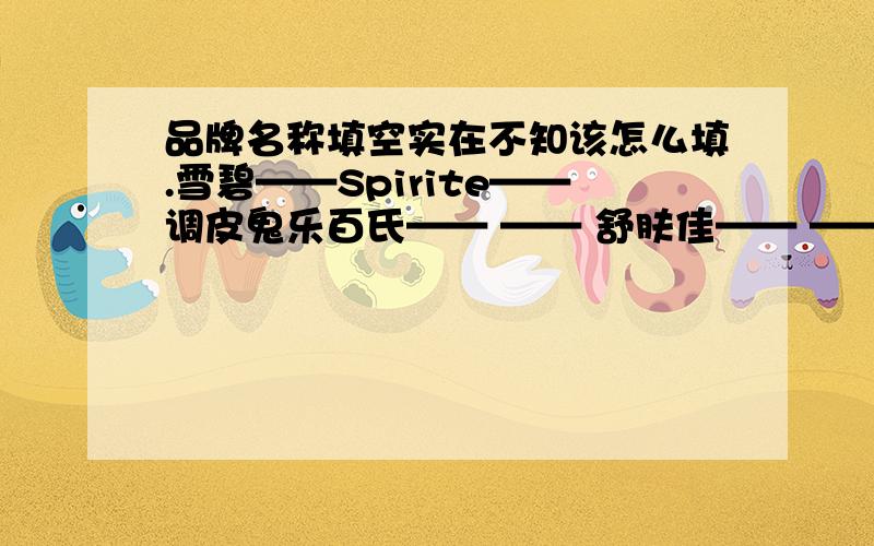 品牌名称填空实在不知该怎么填.雪碧——Spirite——调皮鬼乐百氏—— —— 舒肤佳—— ——纳爱斯—— ——英克莱—