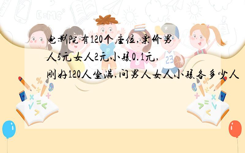 电影院有120个座位,票价男人5元女人2元小孩0.1元,刚好120人坐满,问男人女人小孩各多少人