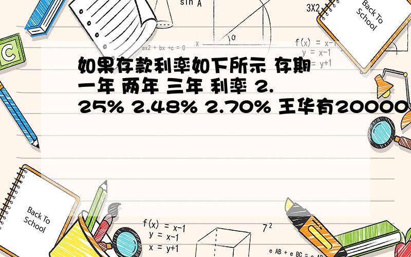 如果存款利率如下所示 存期 一年 两年 三年 利率 2.25% 2.48% 2.70% 王华有20000元整存入银行三年