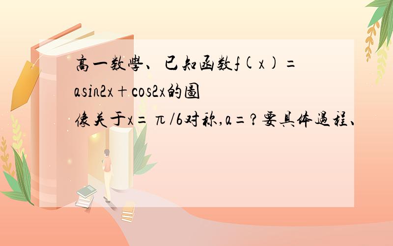 高一数学、已知函数f(x)=asin2x+cos2x的图像关于x=π/6对称,a=?要具体过程、