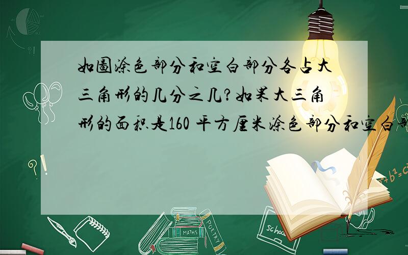 如图涂色部分和空白部分各占大三角形的几分之几?如果大三角形的面积是160 平方厘米涂色部分和空白部