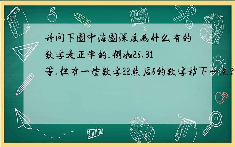 请问下图中海图深度为什么有的数字是正常的.例如25,31等.但有一些数字22然后5的数字稍下一点?