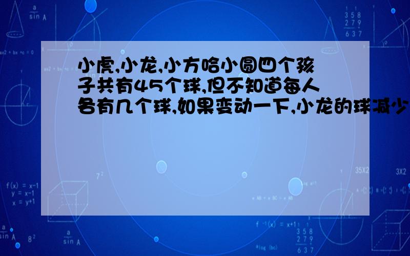 小虎,小龙,小方哈小圆四个孩子共有45个球,但不知道每人各有几个球,如果变动一下,小龙的球减少2个,