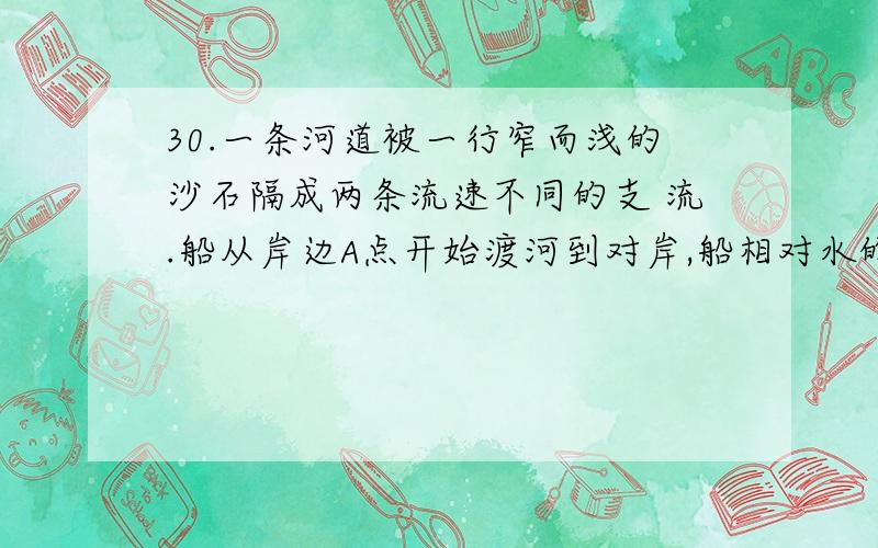 30.一条河道被一行窄而浅的沙石隔成两条流速不同的支 流.船从岸边A点开始渡河到对岸,船相对水的速度大小 浏览次数：8次