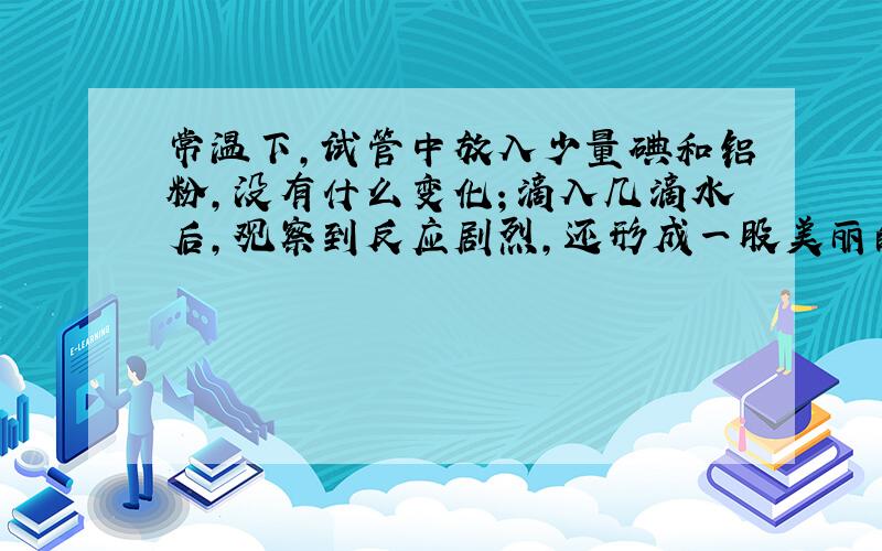 常温下，试管中放入少量碘和铝粉，没有什么变化；滴入几滴水后，观察到反应剧烈，还形成一股美丽的紫色烟雾，反应的表达式为“铝