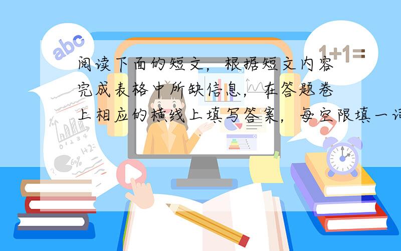 阅读下面的短文，根据短文内容完成表格中所缺信息，在答题卷上相应的横线上填写答案，每空限填一词。