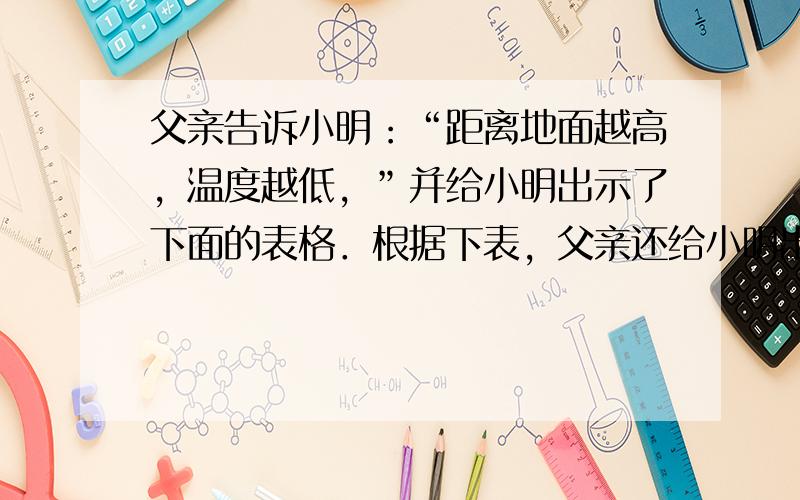 父亲告诉小明：“距离地面越高，温度越低，”并给小明出示了下面的表格．根据下表，父亲还给小明出了下面几个问题，你和小明一起