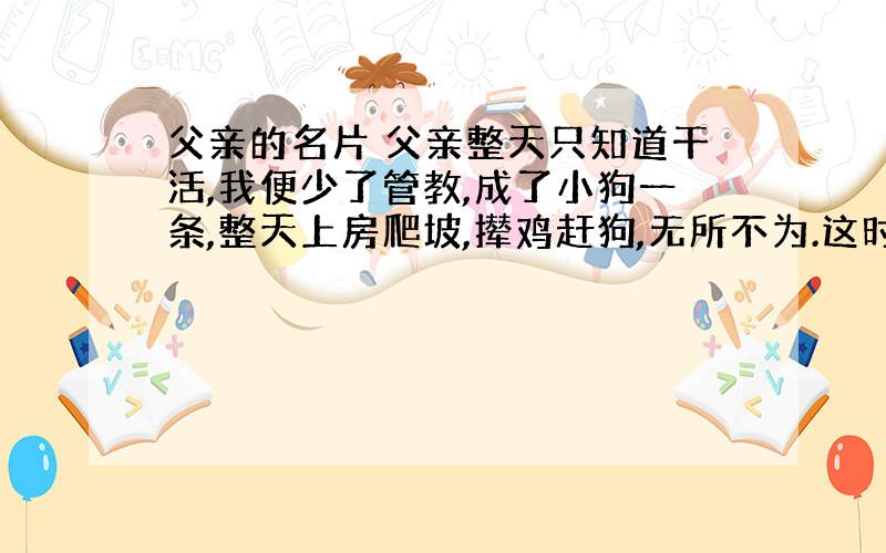 父亲的名片 父亲整天只知道干活,我便少了管教,成了小狗一条,整天上房爬坡,撵鸡赶狗,无所不为.这时,村里人每见父亲,总是