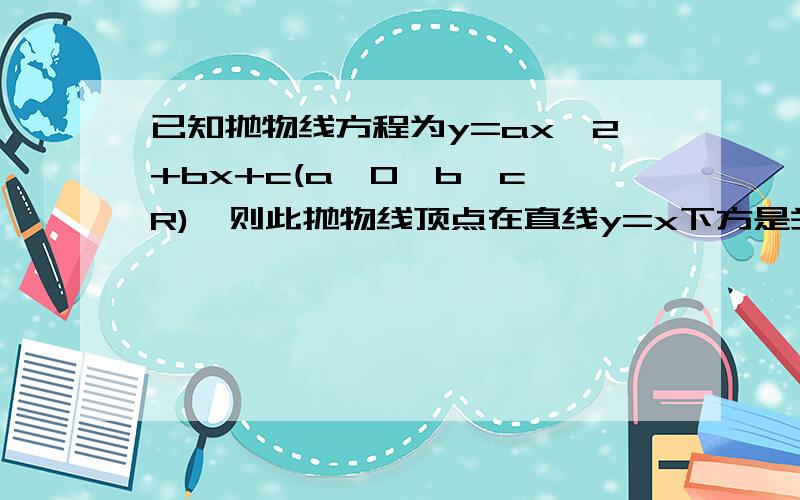 已知抛物线方程为y=ax^2+bx+c(a>0,b,c∈R),则此抛物线顶点在直线y=x下方是关于x的不等于ax^2+b