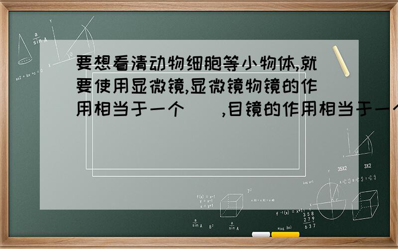 要想看清动物细胞等小物体,就要使用显微镜,显微镜物镜的作用相当于一个[],目镜的作用相当于一个【】