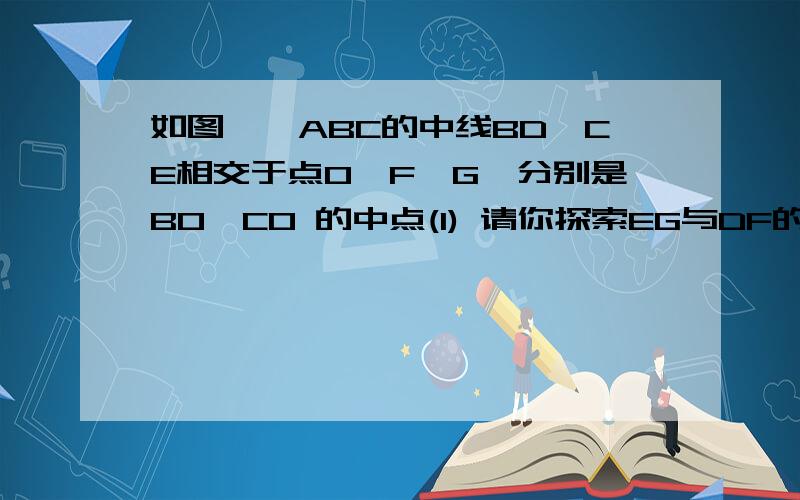 如图,△ABC的中线BD,CE相交于点O,F,G,分别是BO,CO 的中点(1) 请你探索EG与DF的关