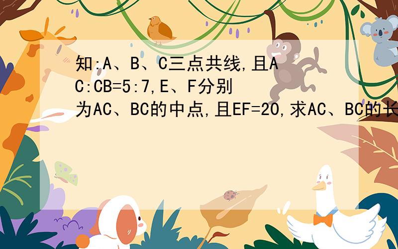 知:A、B、C三点共线,且AC:CB=5:7,E、F分别为AC、BC的中点,且EF=20,求AC、BC的长