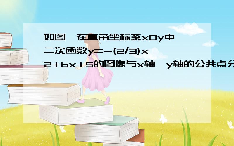 如图,在直角坐标系xOy中,二次函数y=-(2/3)x^2+bx+5的图像与x轴、y轴的公共点分别为A（5,0）、B,点