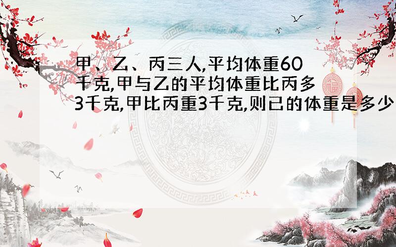 甲、乙、丙三人,平均体重60千克,甲与乙的平均体重比丙多3千克,甲比丙重3千克,则已的体重是多少千克?