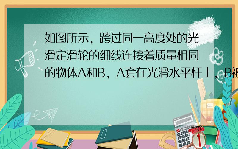 如图所示，跨过同一高度处的光滑定滑轮的细线连接着质量相同的物体A和B，A套在光滑水平杆上，B被托在紧挨滑轮处，细线与水平