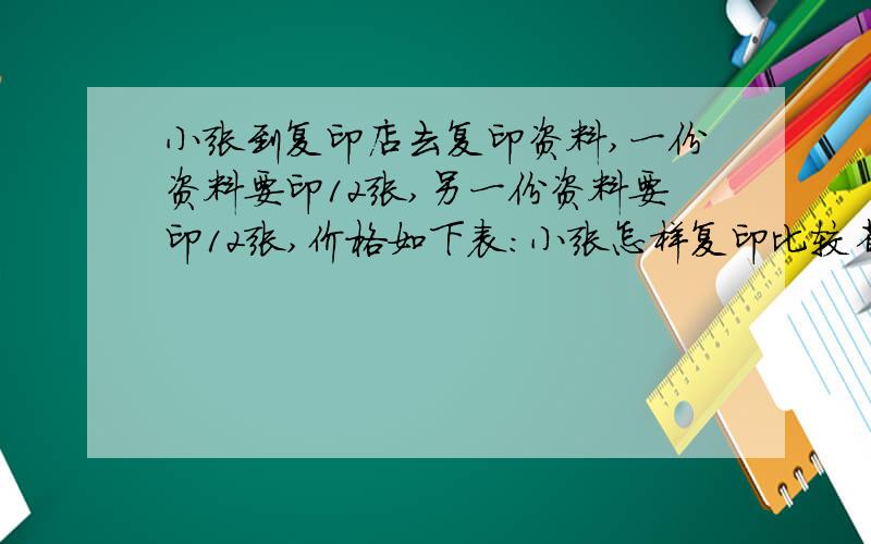 小张到复印店去复印资料,一份资料要印12张,另一份资料要印12张,价格如下表：小张怎样复印比较省钱?他