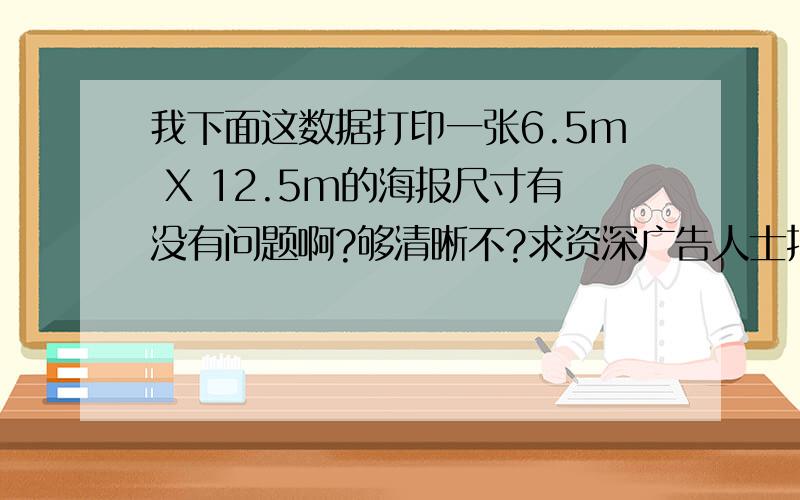 我下面这数据打印一张6.5m X 12.5m的海报尺寸有没有问题啊?够清晰不?求资深广告人士指导啊...