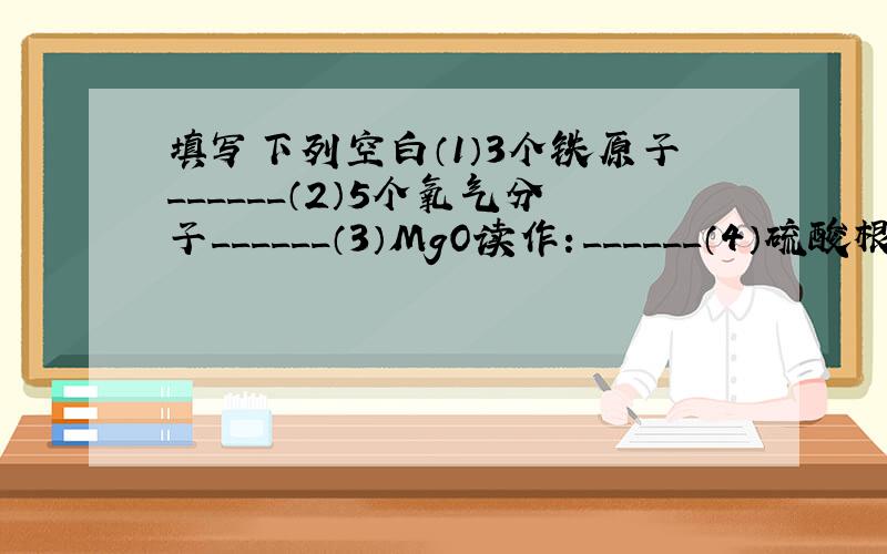 填写下列空白（1）3个铁原子______（2）5个氧气分子______（3）MgO读作：______（4）硫酸根离子__