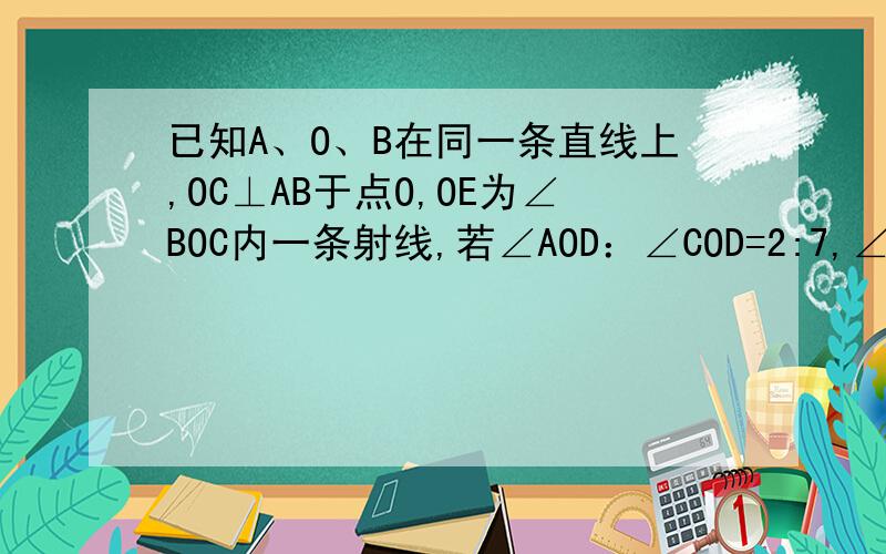 已知A、O、B在同一条直线上,OC⊥AB于点O,OE为∠BOC内一条射线,若∠AOD：∠COD=2:7,∠BOE：∠AO