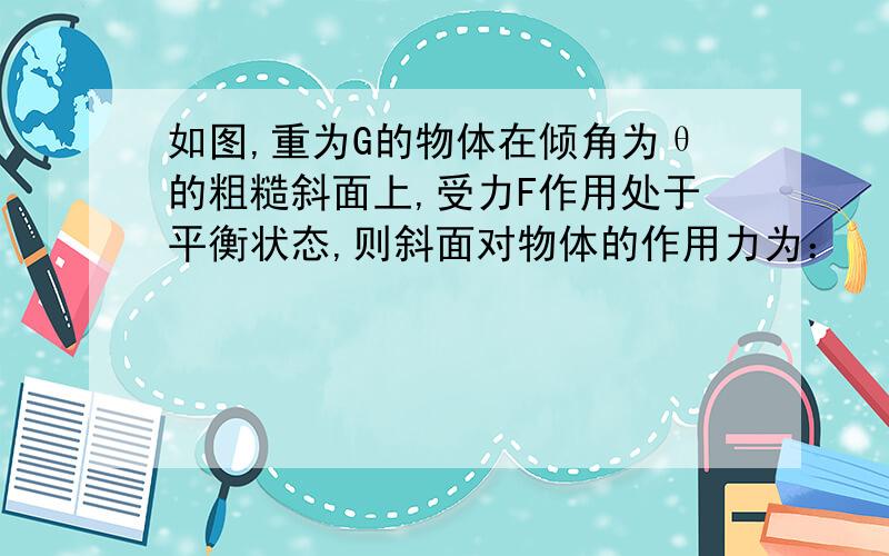 如图,重为G的物体在倾角为θ的粗糙斜面上,受力F作用处于平衡状态,则斜面对物体的作用力为：