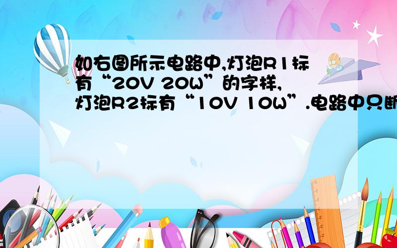 如右图所示电路中,灯泡R1标有“20V 20W”的字样,灯泡R2标有“10V 10W”.电路中只断开开关S1时,电流表示