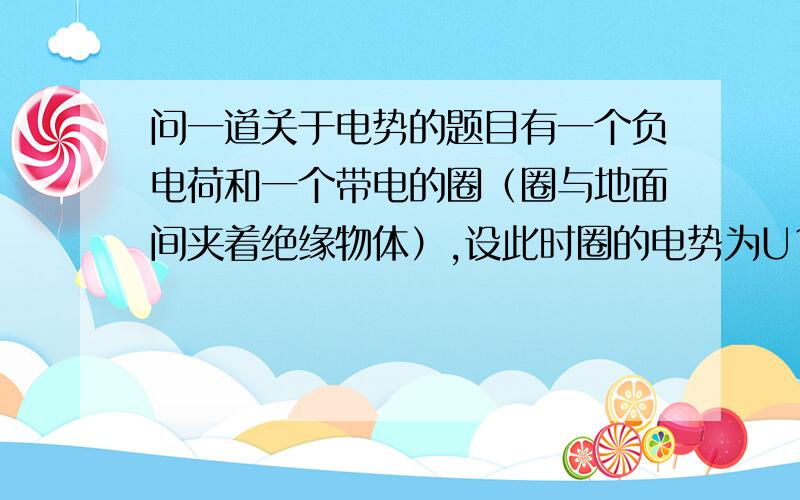 问一道关于电势的题目有一个负电荷和一个带电的圈（圈与地面间夹着绝缘物体）,设此时圈的电势为U1,再用手触摸该圈（手部放开