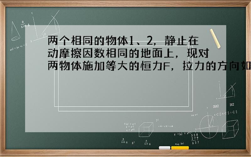 两个相同的物体1、2，静止在动摩擦因数相同的地面上，现对两物体施加等大的恒力F，拉力的方向如图所示，经过一段时间，物体的