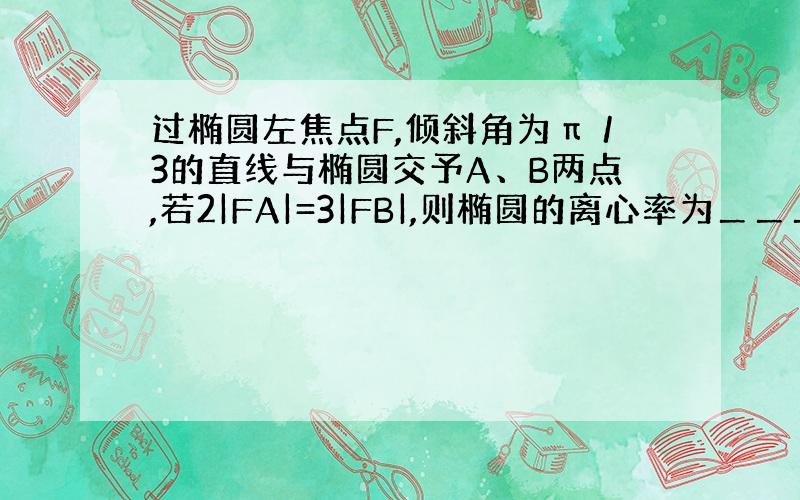 过椭圆左焦点F,倾斜角为π／3的直线与椭圆交予A、B两点,若2|FA|=3|FB|,则椭圆的离心率为＿＿＿.