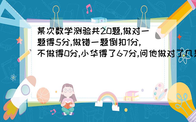 某次数学测验共20题,做对一题得5分,做错一题倒扣1分,不做得0分,小华得了67分,问他做对了几题?