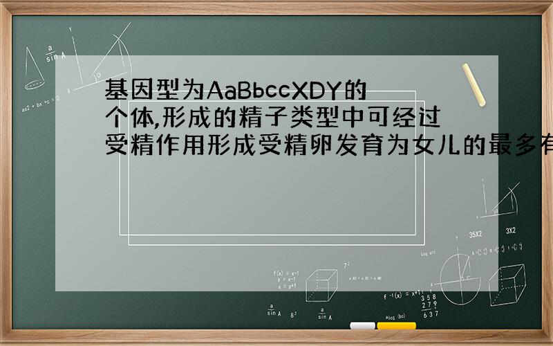 基因型为AaBbccXDY的个体,形成的精子类型中可经过受精作用形成受精卵发育为女儿的最多有几种