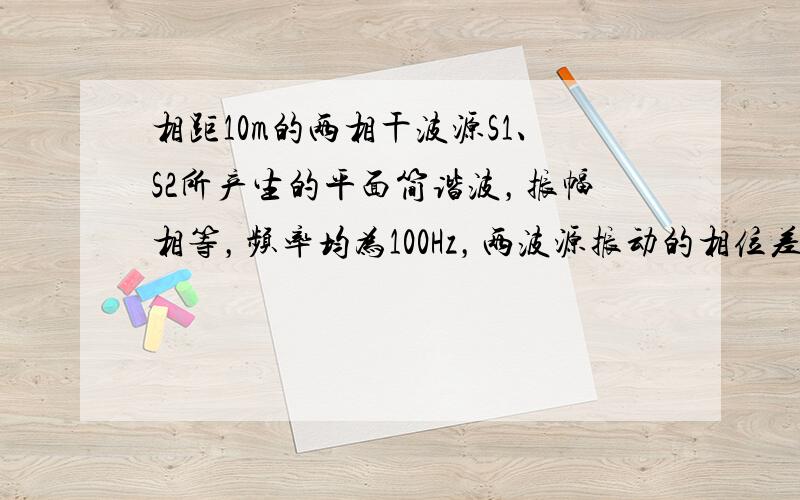 相距10m的两相干波源S1、S2所产生的平面简谐波，振幅相等，频率均为100Hz，两波源振动的相位差为π.两波在同一介质