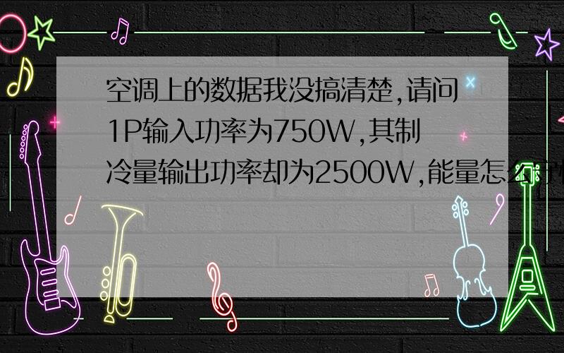 空调上的数据我没搞清楚,请问1P输入功率为750W,其制冷量输出功率却为2500W,能量怎么守恒呢?