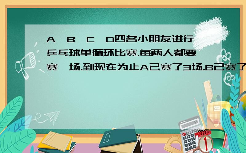 A、B、C、D四名小朋友进行乒乓球单循环比赛，每两人都要赛一场，到现在为止A已赛了3场，B已赛了2场，C已赛了1场，D已