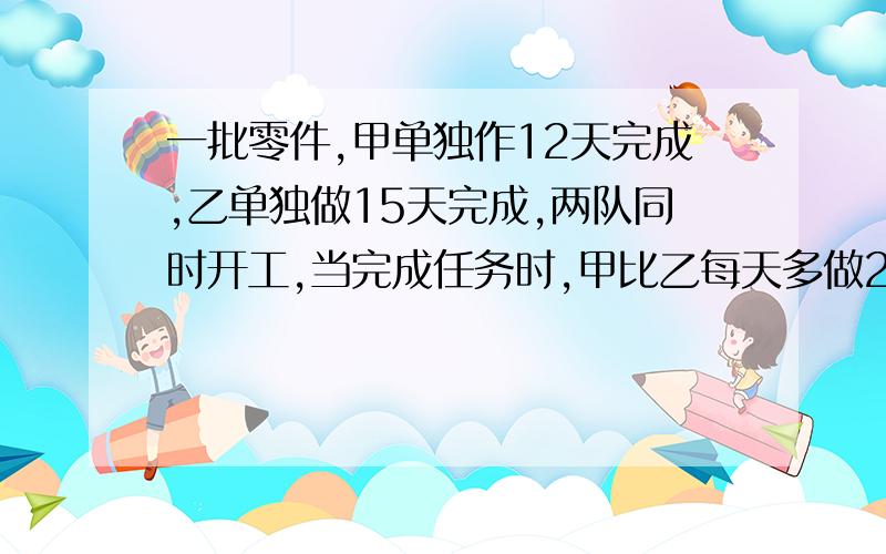 一批零件,甲单独作12天完成,乙单独做15天完成,两队同时开工,当完成任务时,甲比乙每天多做24个零件共有多些