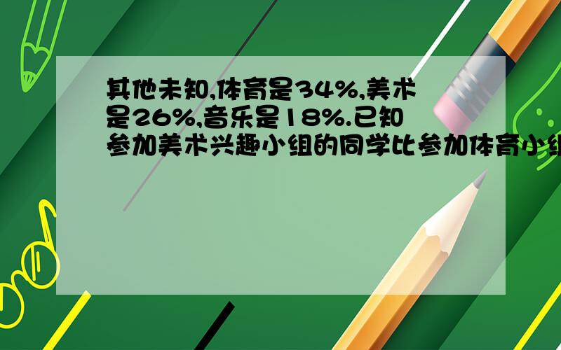 其他未知,体育是34%,美术是26%,音乐是18%.已知参加美术兴趣小组的同学比参加体育小组的同学少20人.