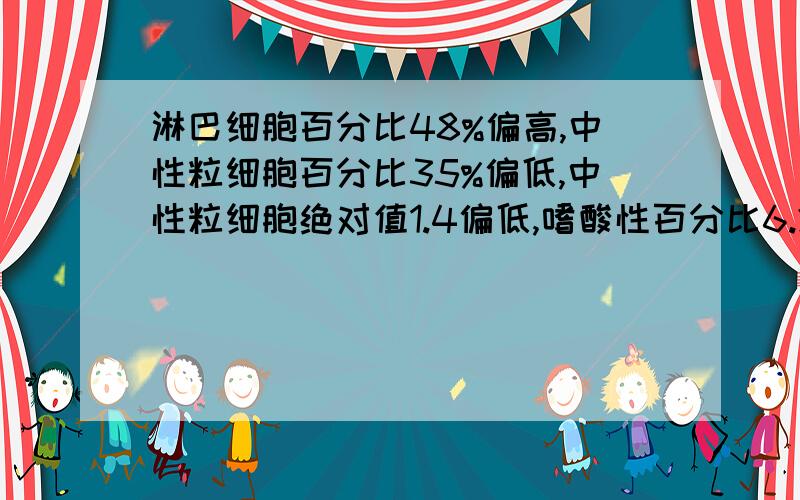 淋巴细胞百分比48%偏高,中性粒细胞百分比35%偏低,中性粒细胞绝对值1.4偏低,嗜酸性百分比6.2偏高